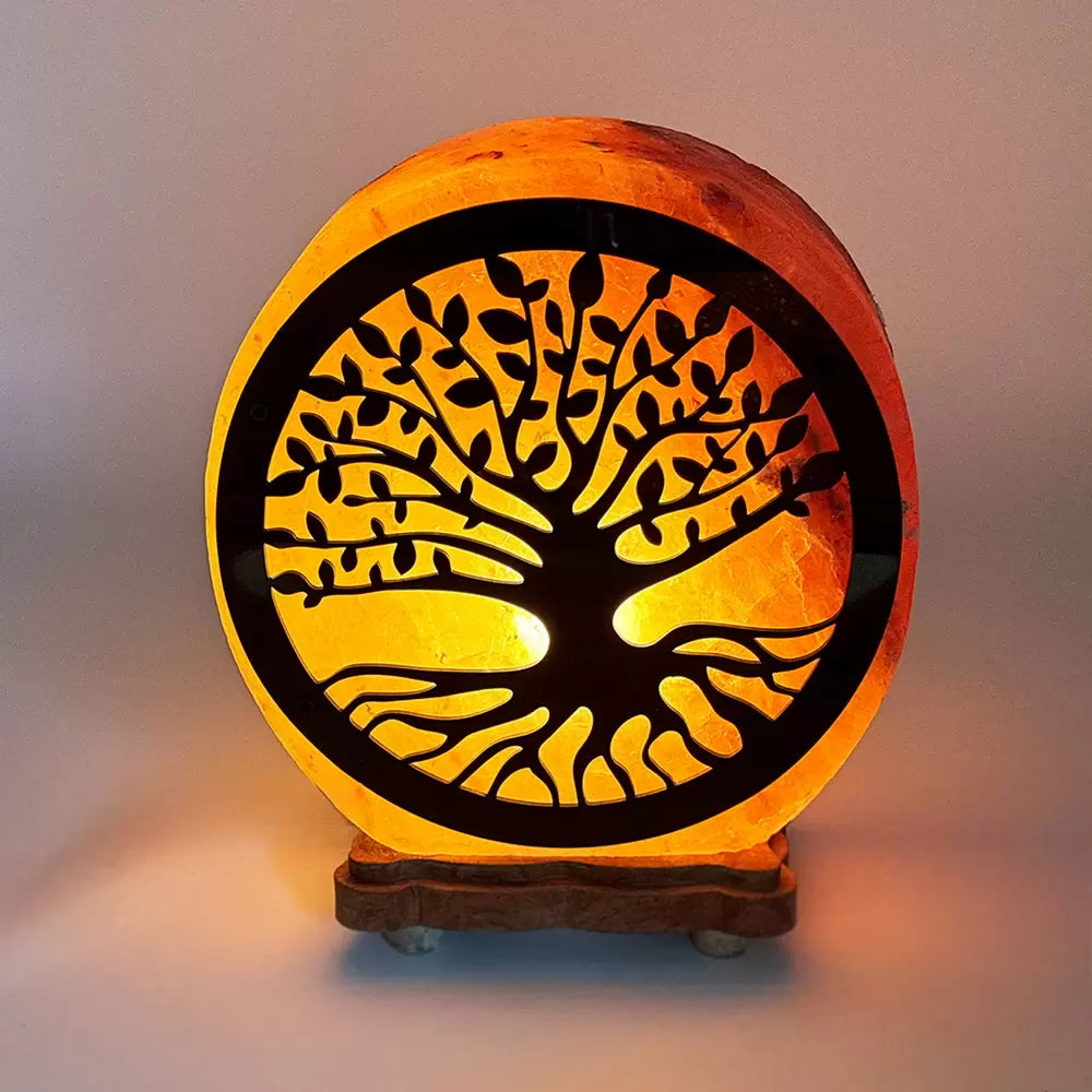 Lampada di Sale Himalayano Rosa scolpita Rotonda Albero della vita