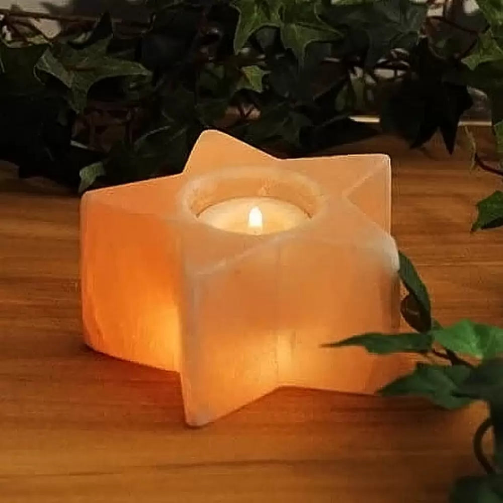 Portacandela di Sale Himalayano Rosa scolpito a forma di Stella