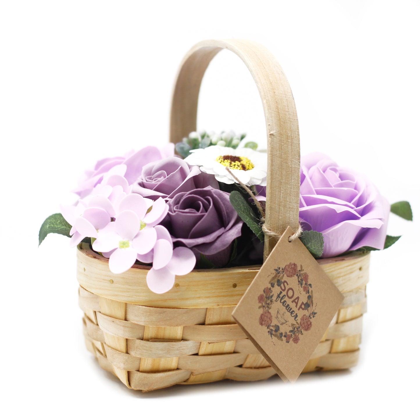 Cestino in vimini con fiori di sapone lilla bio