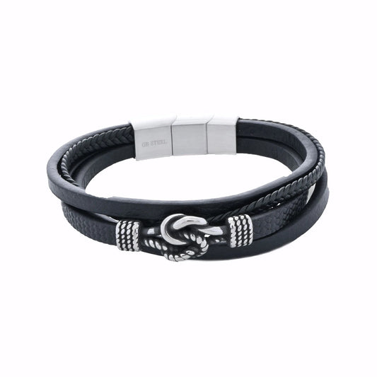 Bracciale uomo in pelle nera con intreccio