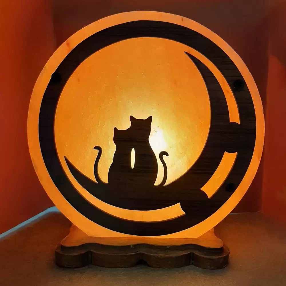 Lampada di Sale Himalayano USB scolpita a forma di Gatti sulla Luna 900 g